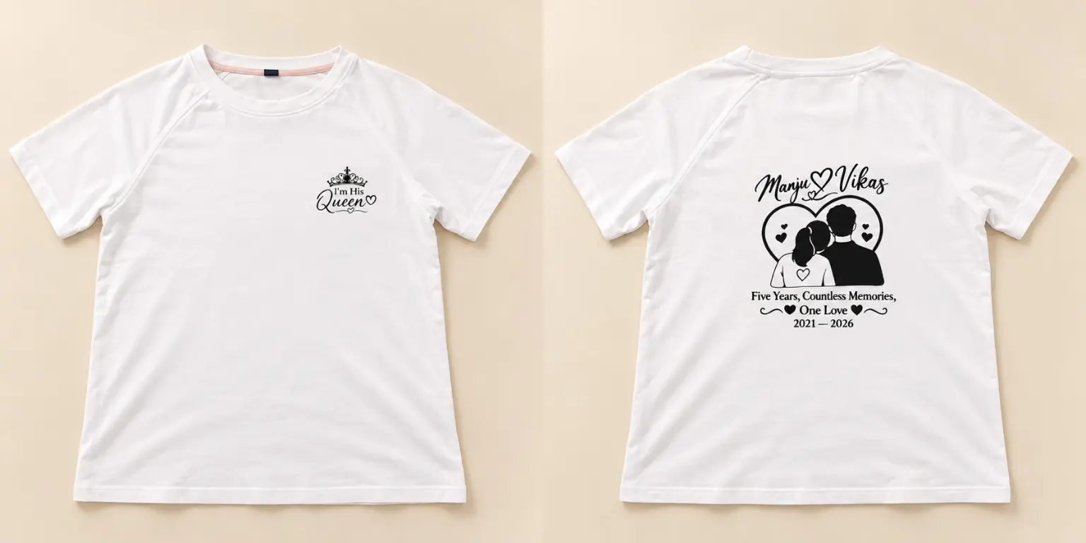 Front and back of a personalised anniversary T-shirt created by Iris Events